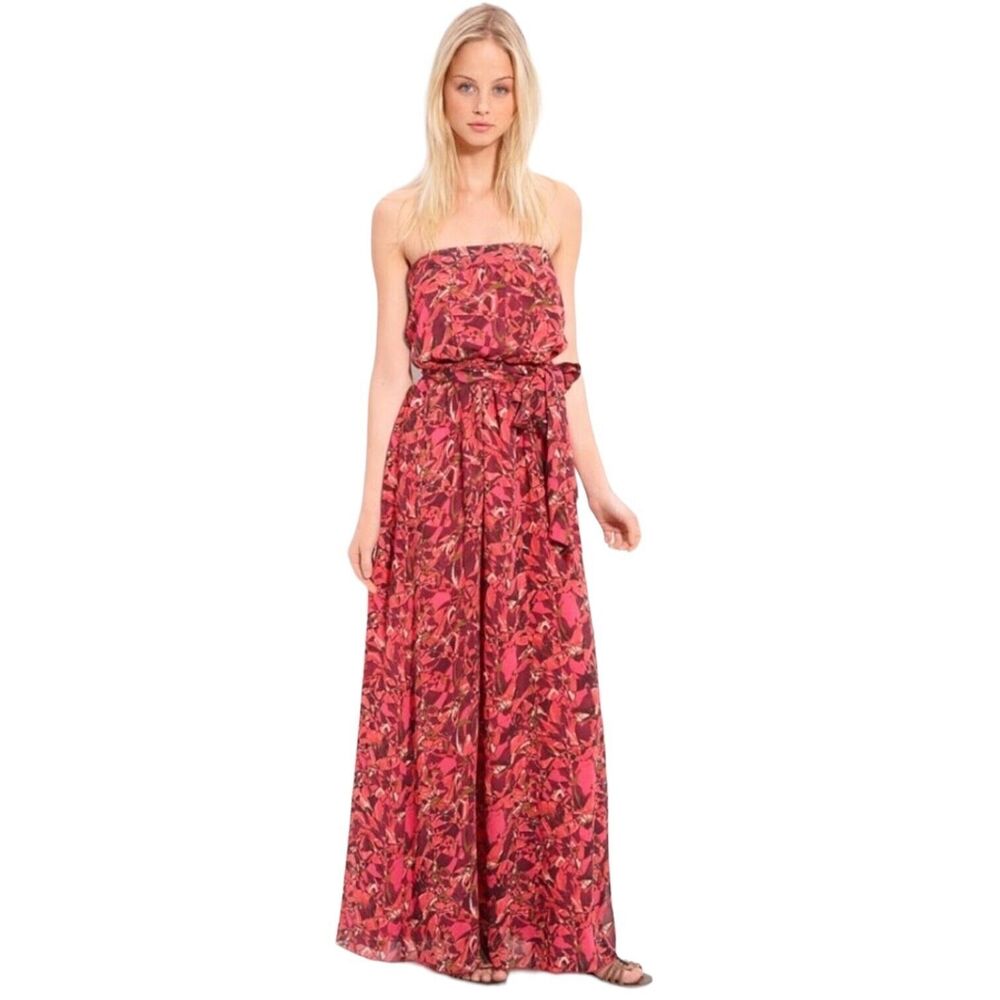 Anthropologie HINGE Silk Dress Small Romantic Floral Sleeveless Boho Maxi Red